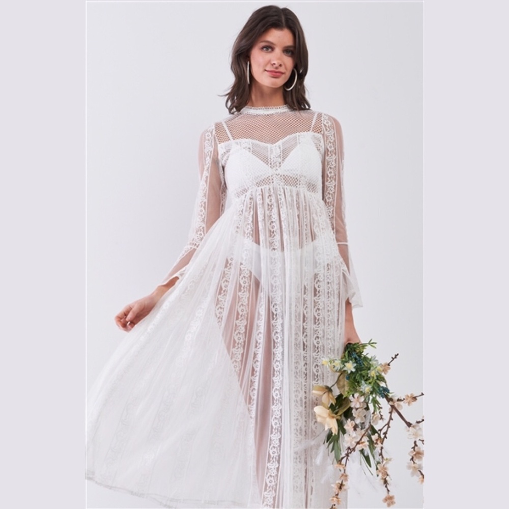 Boho Vintage Sheer Lace Midi Dress Flare Sleeves - Picture 3 of 8
